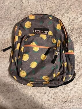 Jansport Gray Backpack with Yellow Lemon Print and Green Leaves
